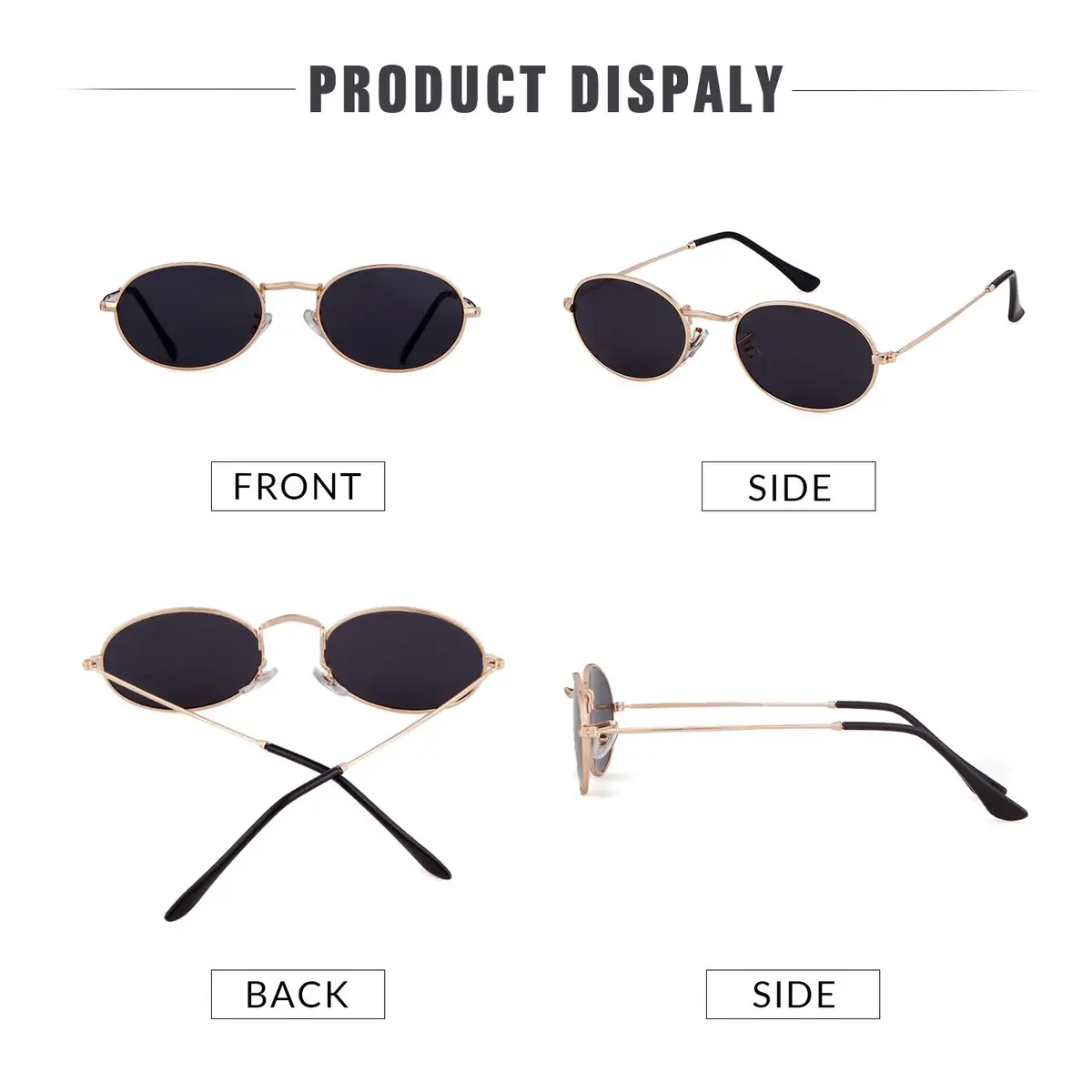 GIFIORE Small Oval Sunglasses Gold Frame Black Lens | UV400 Protection - view 5