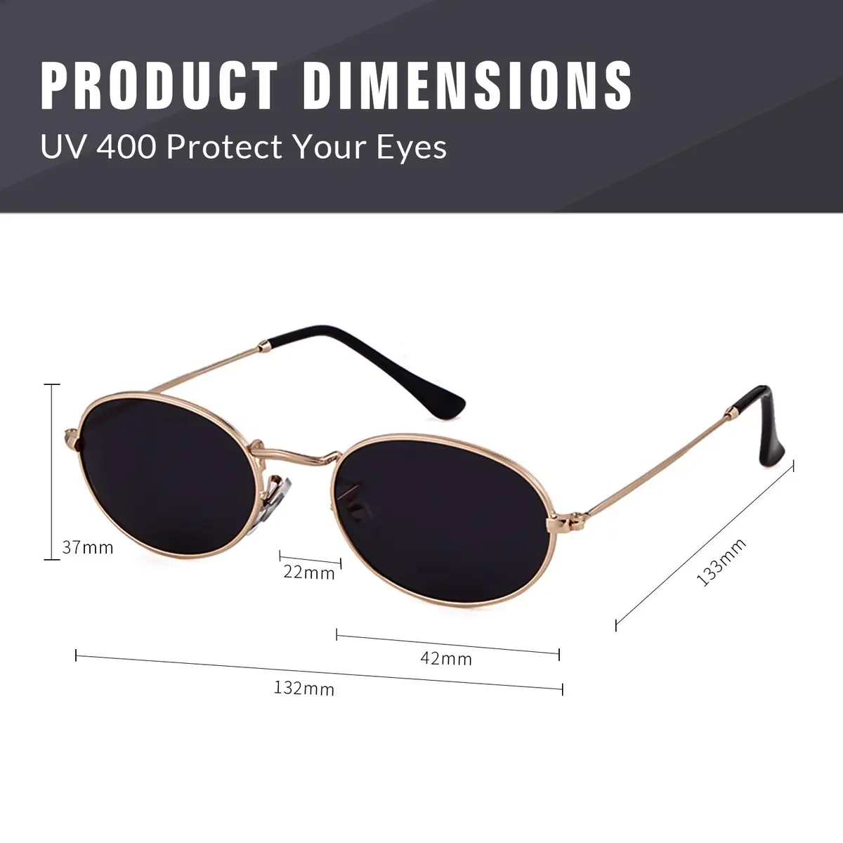 GIFIORE Small Oval Sunglasses Gold Frame Black Lens | UV400 Protection - view 4
