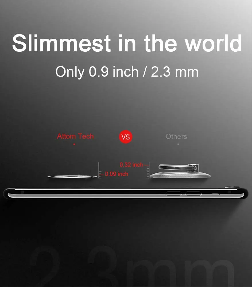 Attom Tech World's Slimmest Phone Ring Holder 2.3mm Black | Magnetic Car Mount Support - view 2