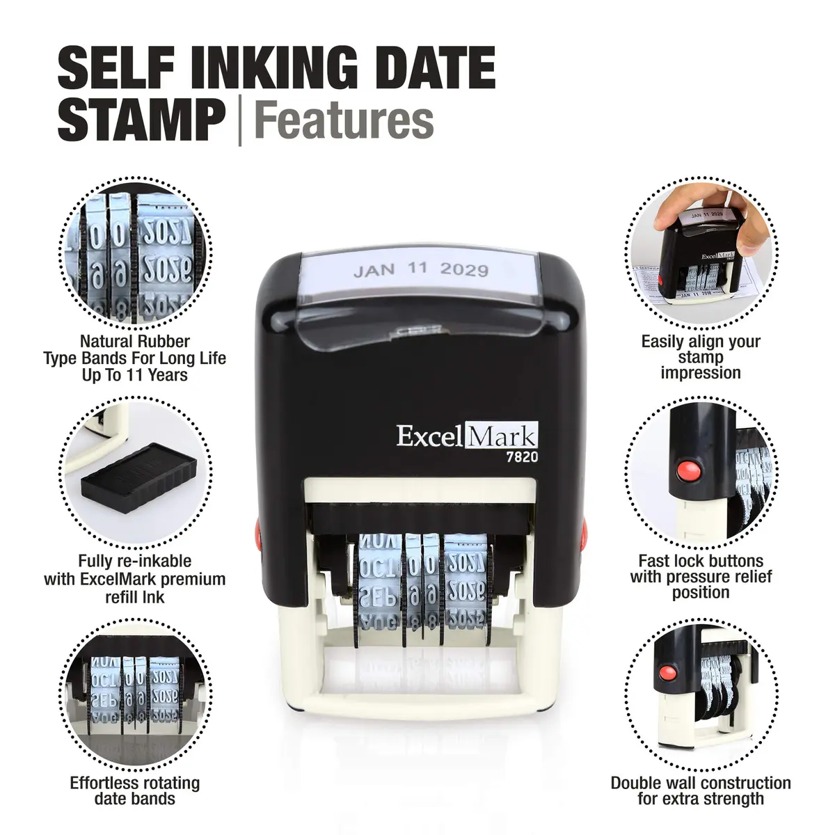 ExcelMark 7820 Self-Inking Rubber Date Stamp 3/16"x 1" | 10 Years of Dates, Rapid Impressions - view 2