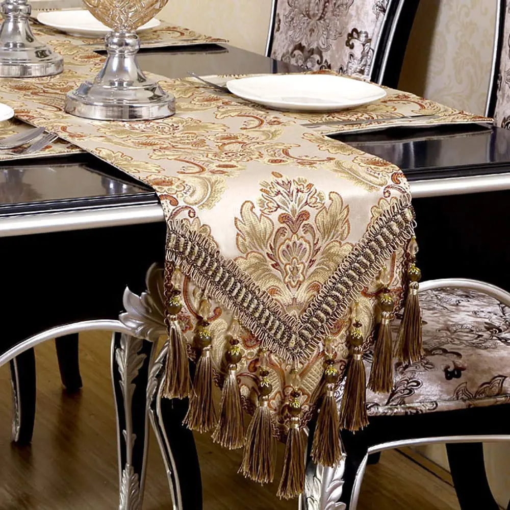 OZXCHIXU European Jacquard Fabric Multi-Tassels Table Runner 14x120 inch | Elegant Khaki Design with Textured Tassels - main product image