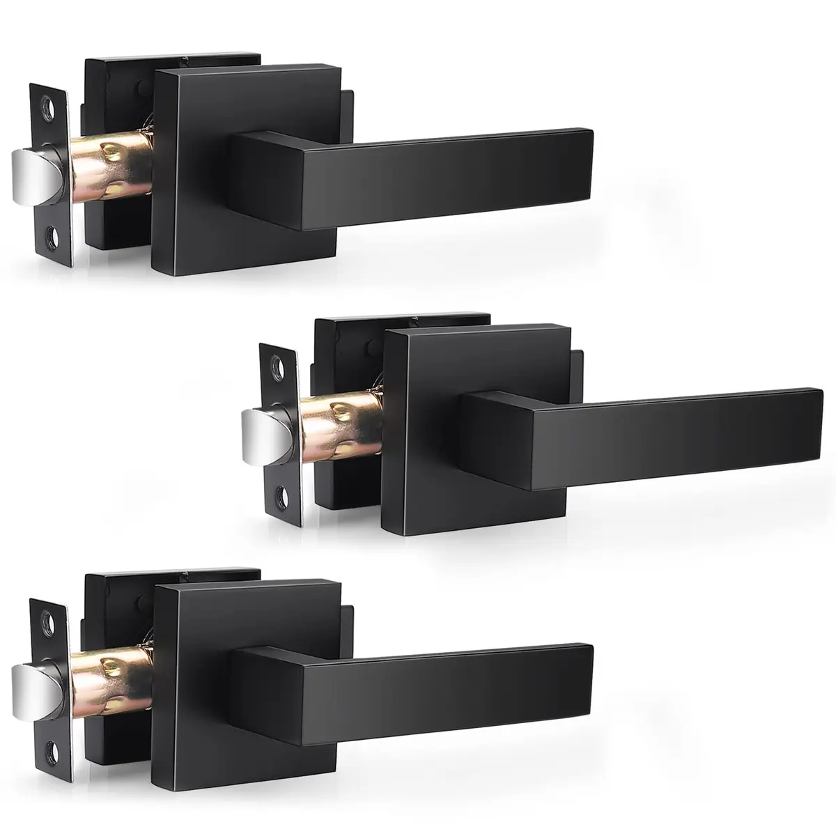 Probrico Heavy Duty Interior Door Handles, Matte Black Passage Square Non-Locking Zinc Alloy Closet Levers, Reversible for Left/Right-Handed Door, 3 Pack - main product image