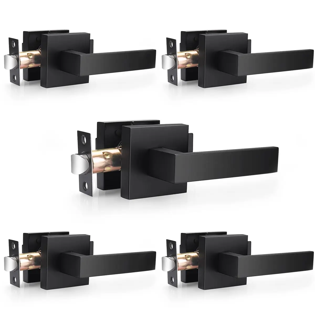Probrico Reversible Interior Door Handles 5 Pack | Heavy Duty Zinc Alloy, Matte Black, Square Levers - main product image