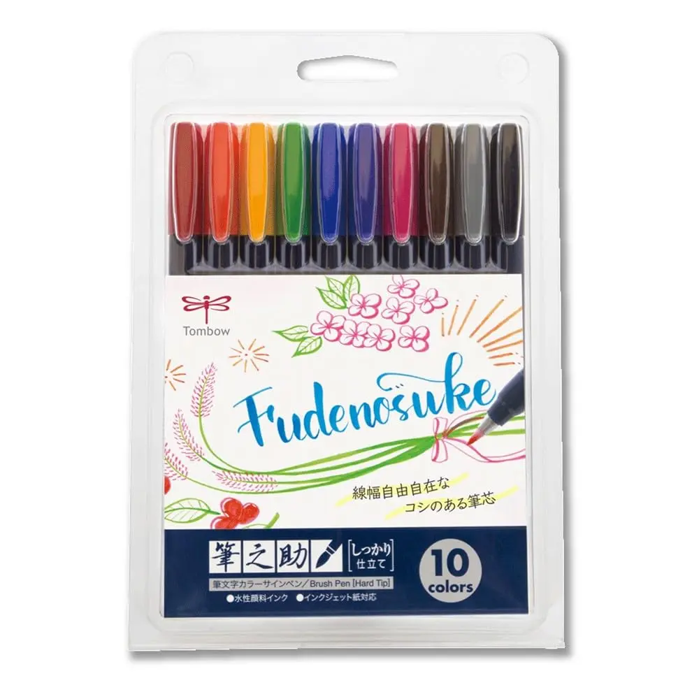 Tombow Fudenosuke Brush Pen - Hard - 10 Colors Set (WS-BH10C) | Water-Resistant, Precise Brush Tip for Calligraphy & Art - main product image