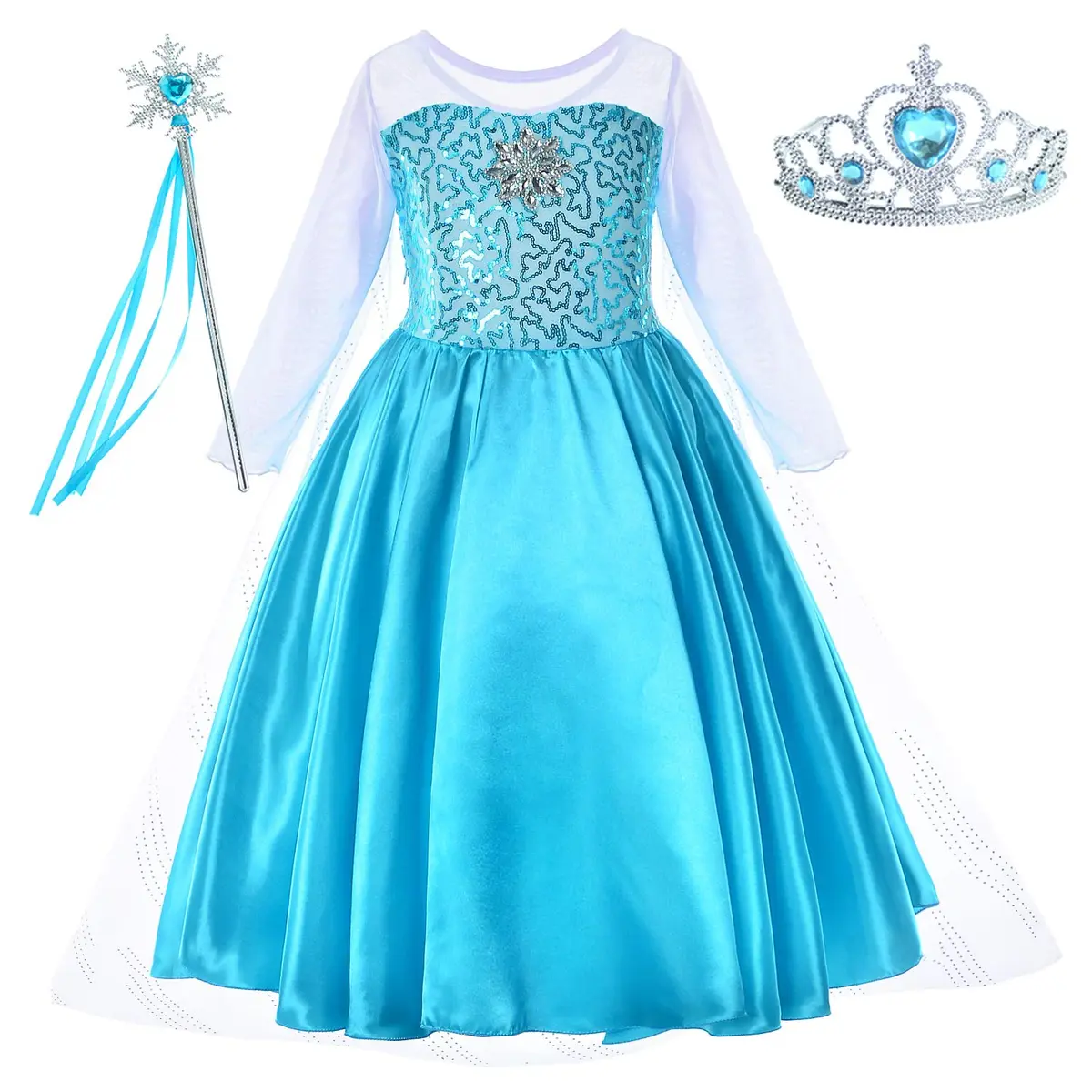 Party Chili Princess Costume for Girls Dress Up with Accessories 6-7 Years Sky Blue | Non-Itchy Fabric for Special Occasions - main product image