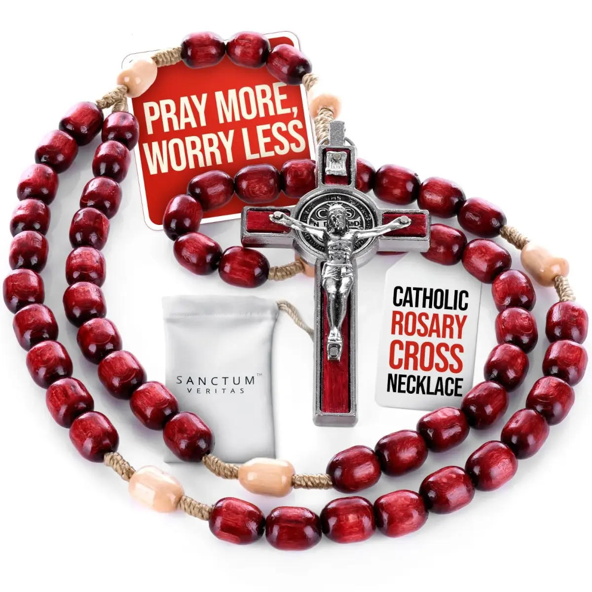 SANCTUM VERITAS Deep Red Large Italian Catholic Rosary Necklace | 21.5 cm (8.5 inches) Prayer Beads - main product image
