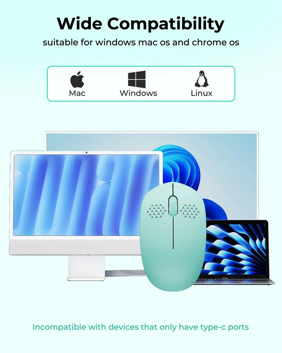 seenda Wireless Mouse for Laptop, 2.4G Noiseless Computer Mouse, Mint Green | Ergonomic Design - view 6