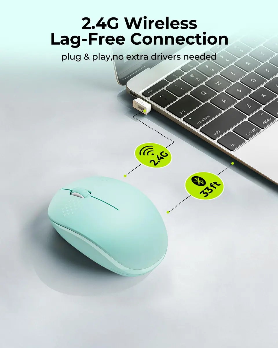 seenda Wireless Mouse for Laptop, 2.4G Noiseless Computer Mouse, Mint Green | Ergonomic Design - view 3