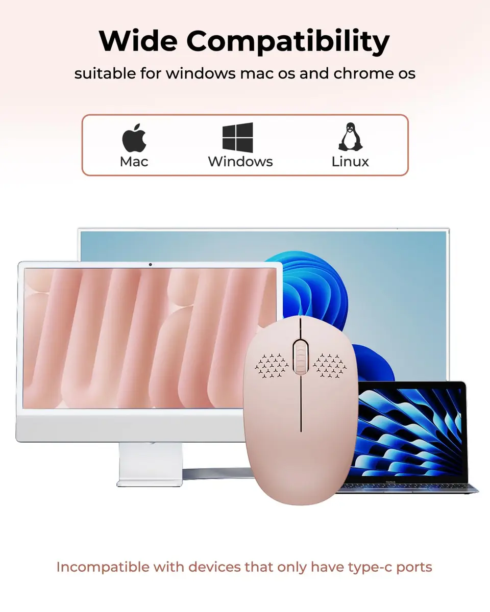 seenda Wireless Mouse for Laptop, 2.4G Noiseless Computer Mouse, Pink | Compact, Noiseless Clicks, Reliable 33ft Range - view 5