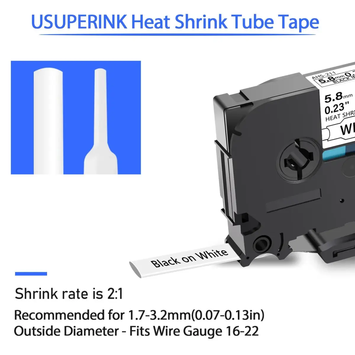USUPERINK HSe-211 Heat Shrink Label Tape 5.8mm (0.23") Black on White | 20PK Compatible for Brother P-touch Wire Cable Label Makers - view 2