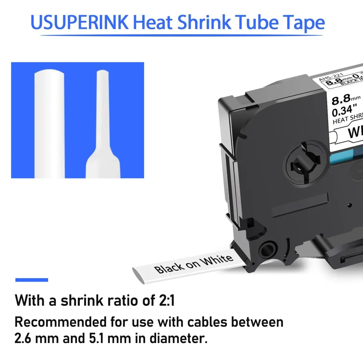 USUPERINK HSe-221 Heat Shrink Tube Label Tape 8.8mm Black on White (2-Pack, 1.5m Each) | Compatible with Brother P-touch Label Makers - view 2