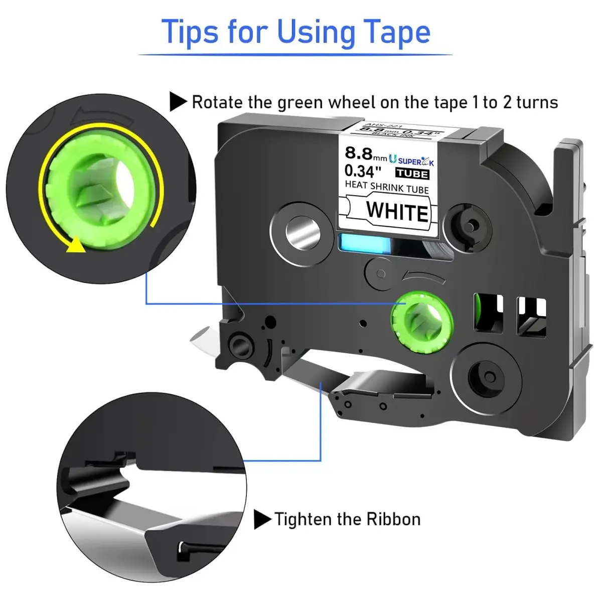 USUPERINK HSe-221 Heat Shrink Tube Label Tape 8.8mm Black on White (2-Pack, 1.5m Each) | Compatible with Brother P-touch Label Makers - view 3