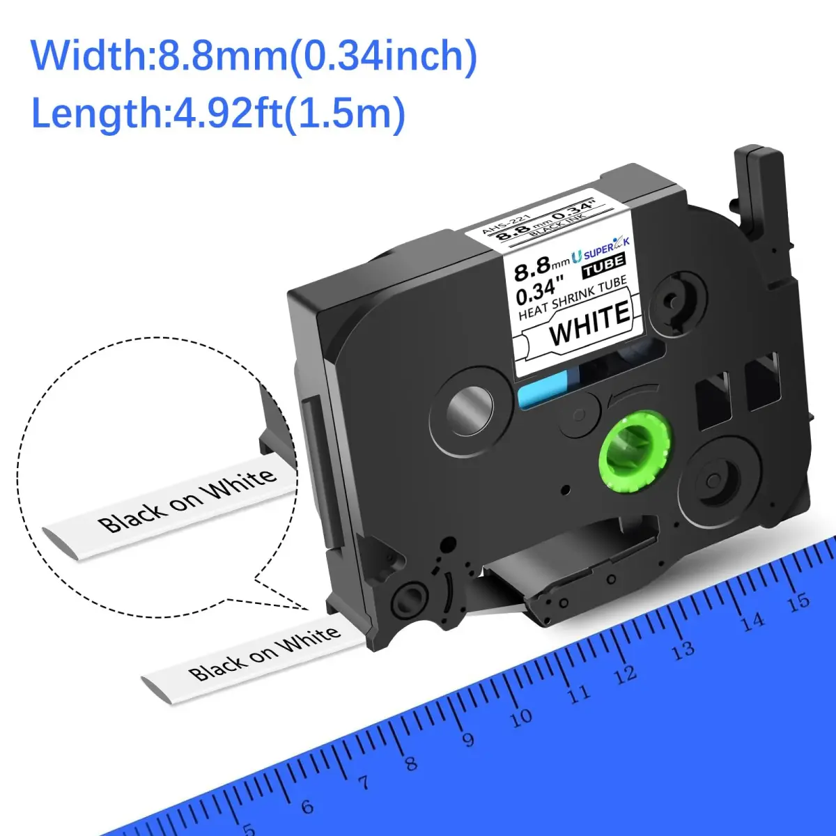 USUPERINK HSe-221 Heat Shrink Tube Label Tape 8.8mm Black on White (2-Pack, 1.5m Each) | Compatible with Brother P-touch Label Makers - view 4