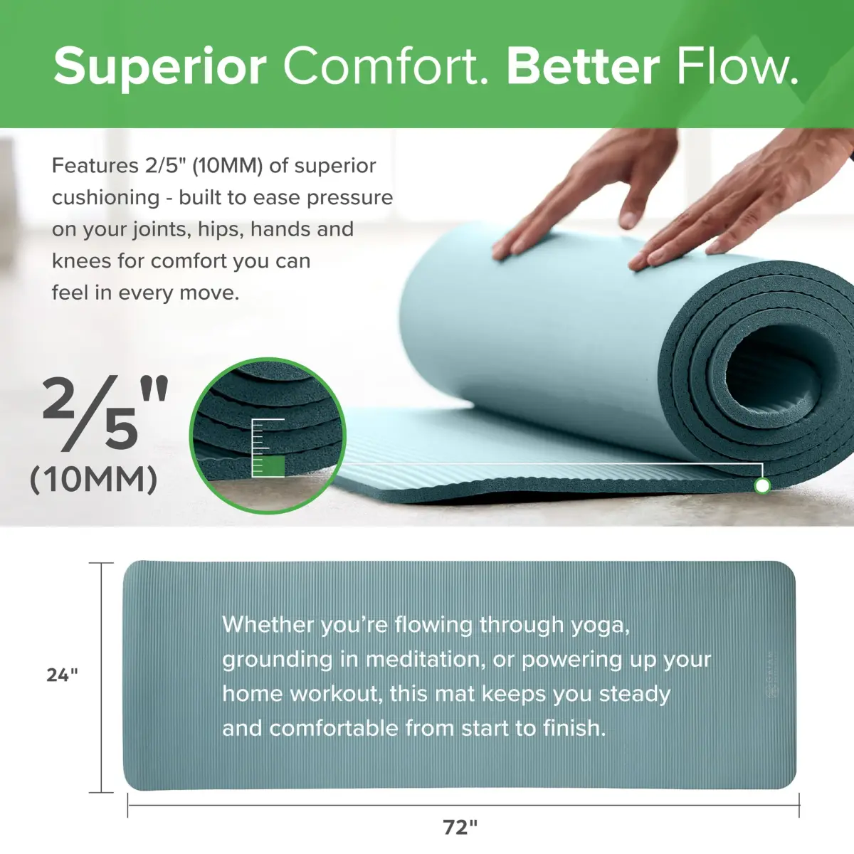 Gaiam Essentials Thick Yoga Mat with Easy-Cinch Strap (Teal, 10mm / 0.39 Inch) | Extra-Thick Cushioning for Joint Comfort - view 2