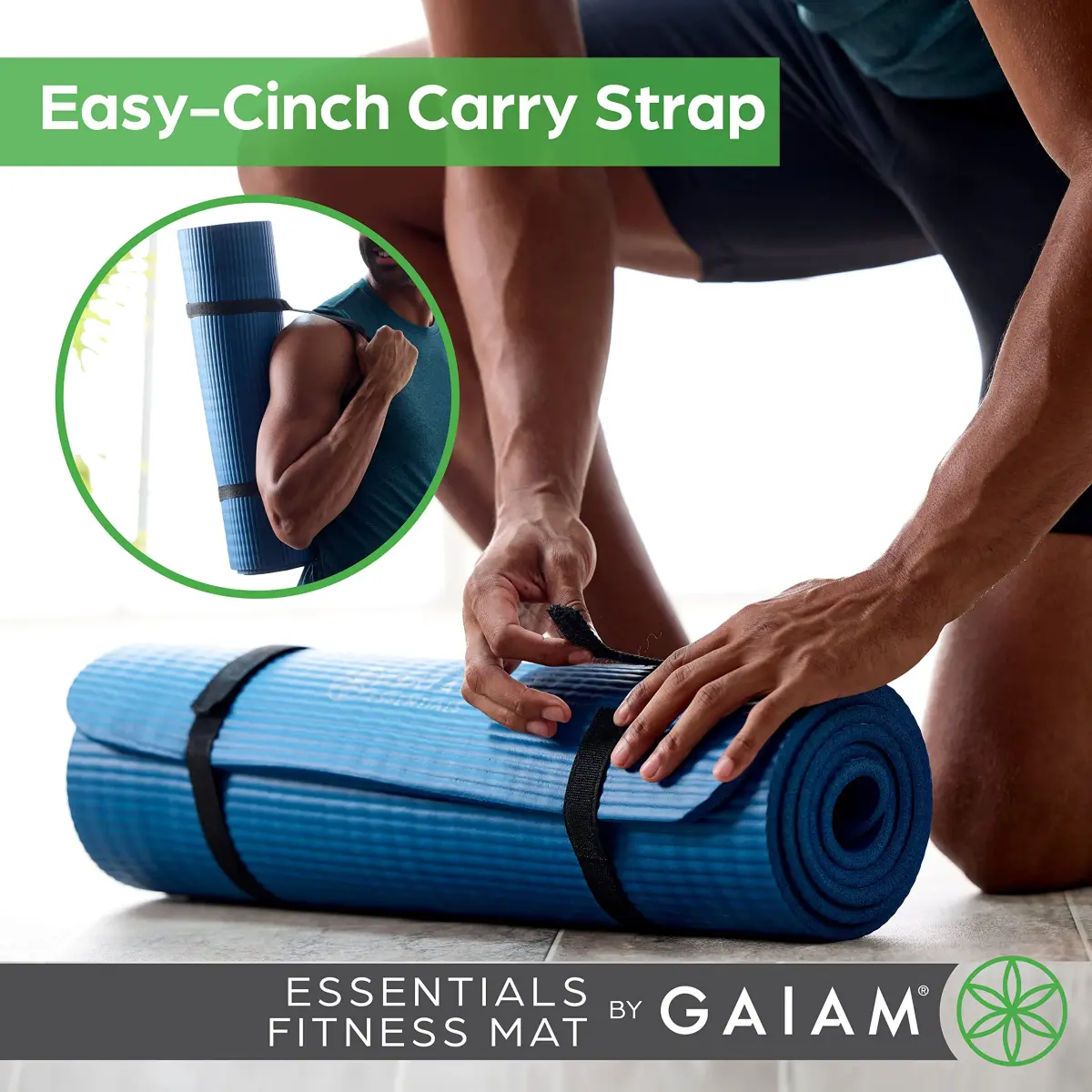 Gaiam Essentials Thick Yoga Mat with Easy-Cinch Strap (Teal, 10mm / 0.39 Inch) | Extra-Thick Cushioning for Joint Comfort - view 3