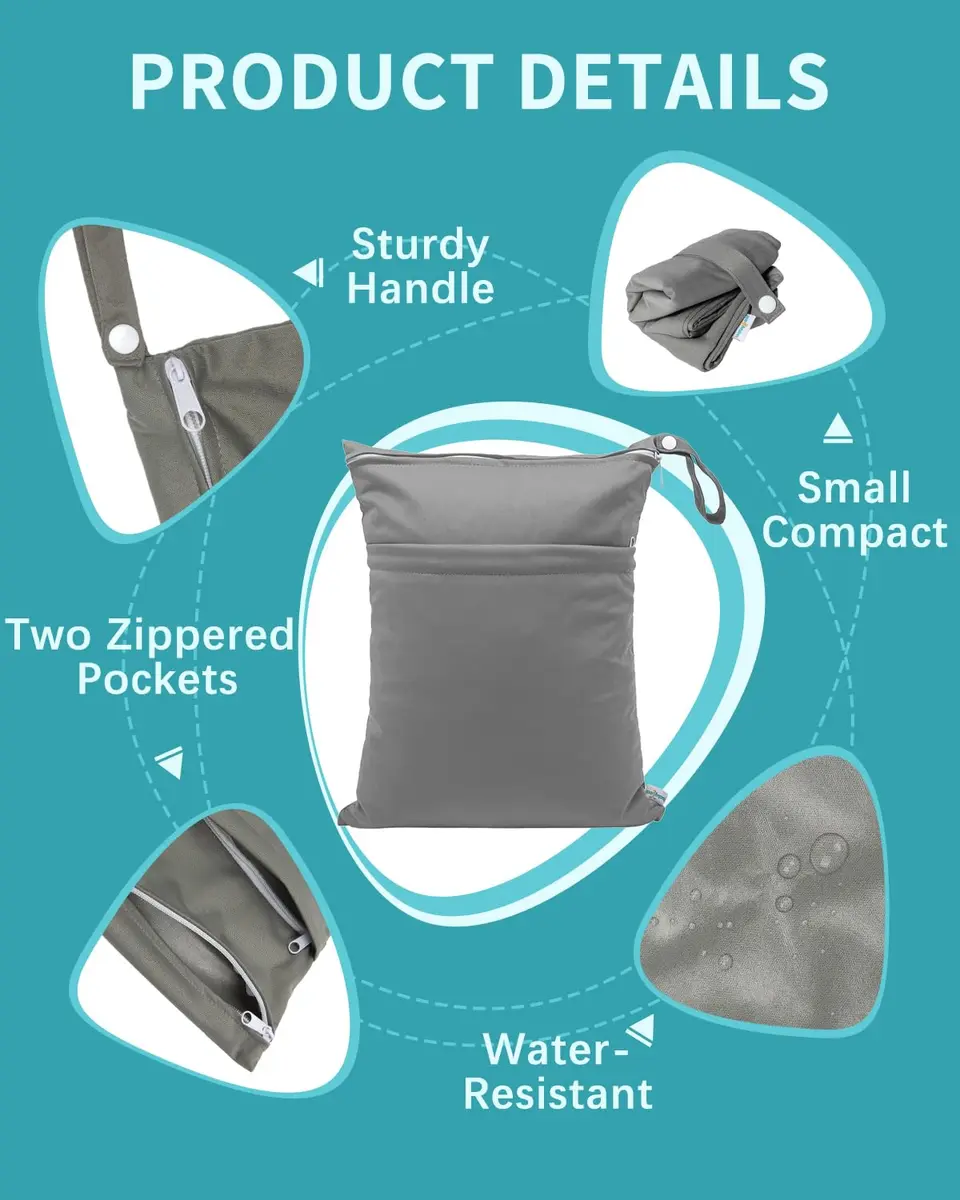 babygoal Wet Dry Bags 3 Pack Waterproof Reusable Travel Bags for Swimsuits, Baby Cloth Diapers, Beach, Pool, Gym Bag & Wet Clothes with 2 Pockets L-BWG | Waterproof & Lightweight - view 2