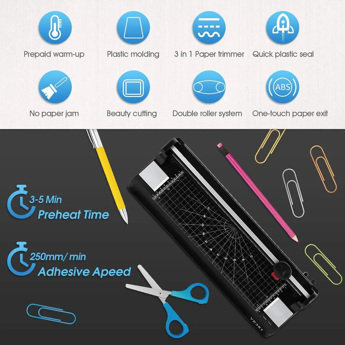 Eficentline YE381 A3/A4/A6 Laminator Machine 330mm (13 Inch) with 50 Pouches, Trimmer & Rounder | Thermal & Cold Lamination - view 3