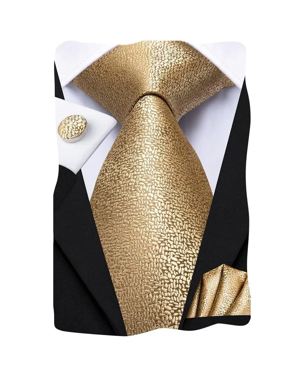 Dubulle Mens Tie Set Solid Paisley Silk Striped Necktie for Men with Cufflinks Tie and Pocket Square, B gold | Elegant Formal Accessory - main product image