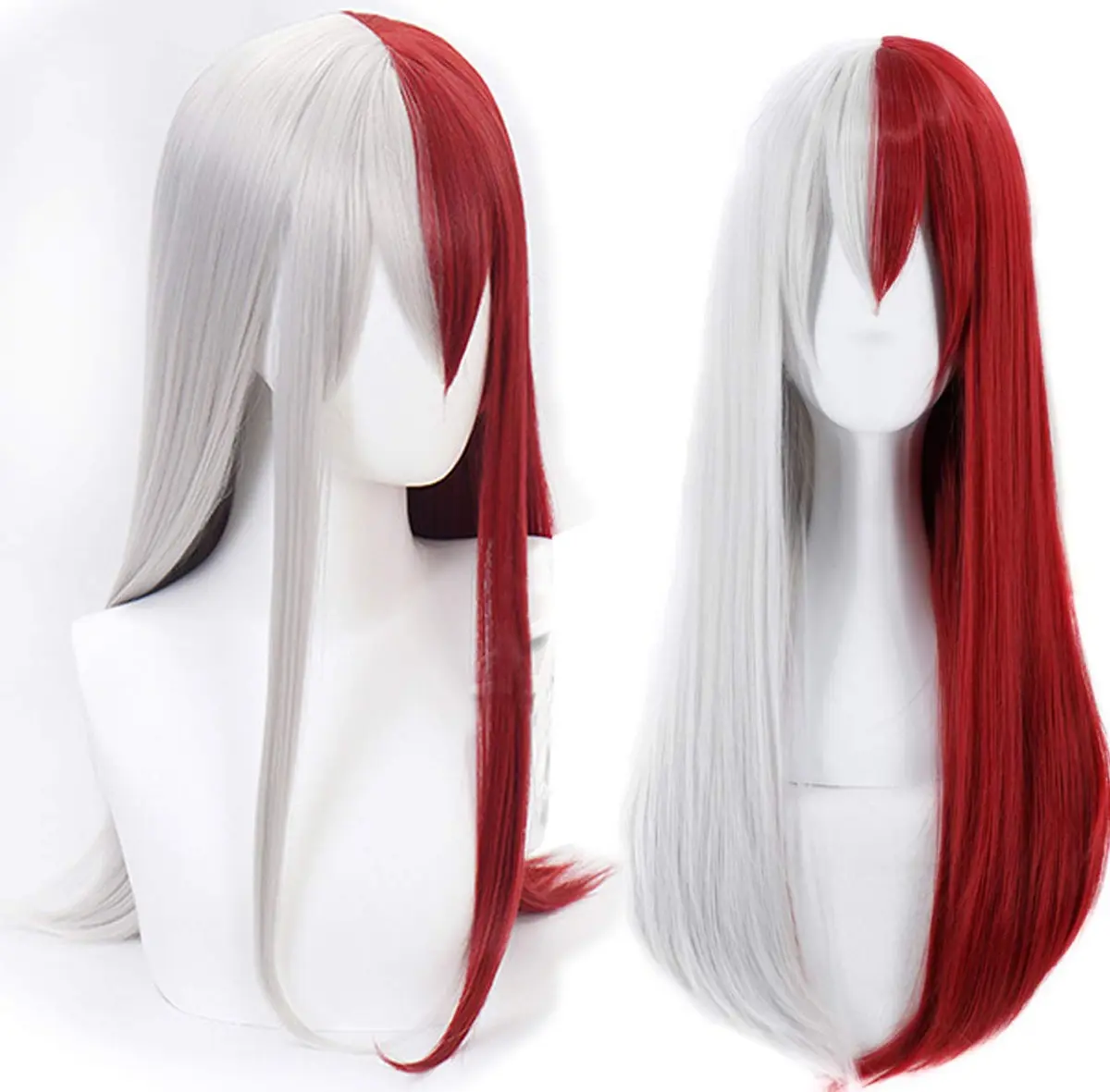 ANOGOL Half Silver Half Red Wig with Bang Long Straight Grey White Red Wig | Adjustable Cosplay Hair - main product image
