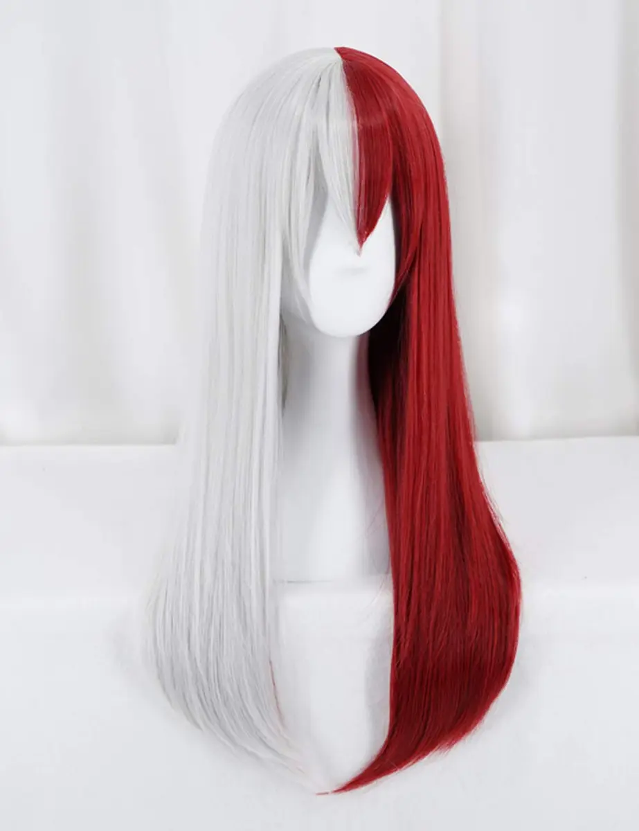 ANOGOL Half Silver Half Red Wig with Bang Long Straight Grey White Red Wig | Adjustable Cosplay Hair - view 2