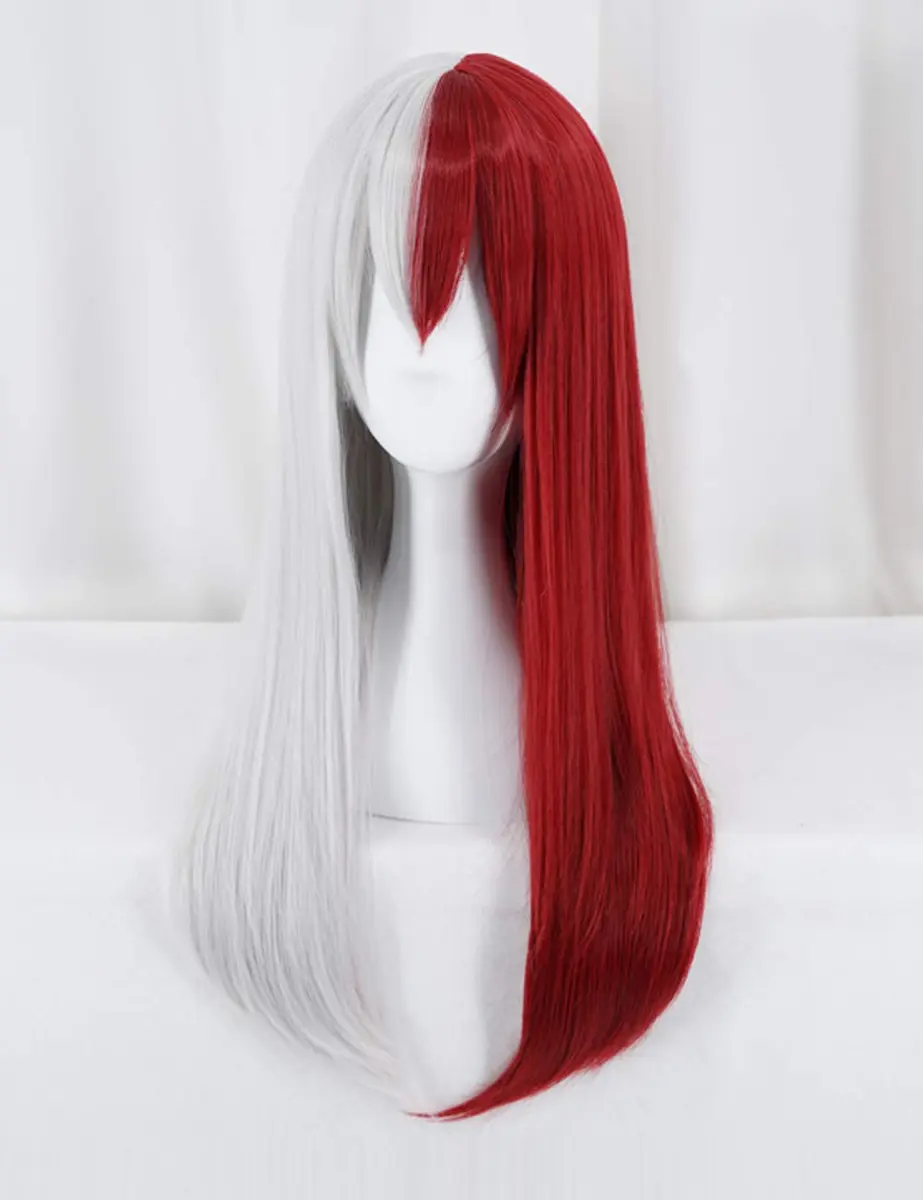 ANOGOL Half Silver Half Red Wig with Bang Long Straight Grey White Red Wig | Adjustable Cosplay Hair - view 3