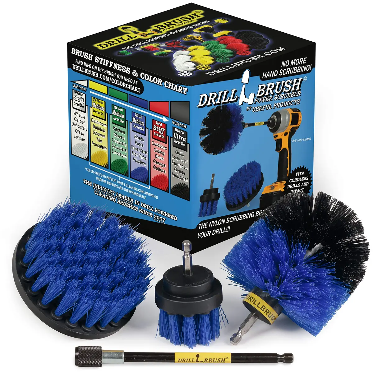 Drillbrush Hull Cleaning Brush Set - 3-Piece Marine & Boat Scrubbing Kit | Blue Nylon, 2in, 4in, 3.5in corner, 5in extension - main product image