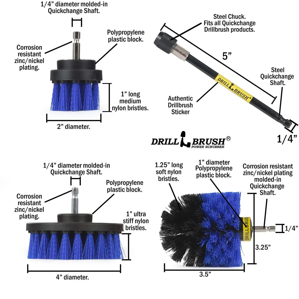Drillbrush Hull Cleaning Brush Set - 3-Piece Marine & Boat Scrubbing Kit | Blue Nylon, 2in, 4in, 3.5in corner, 5in extension - view 5