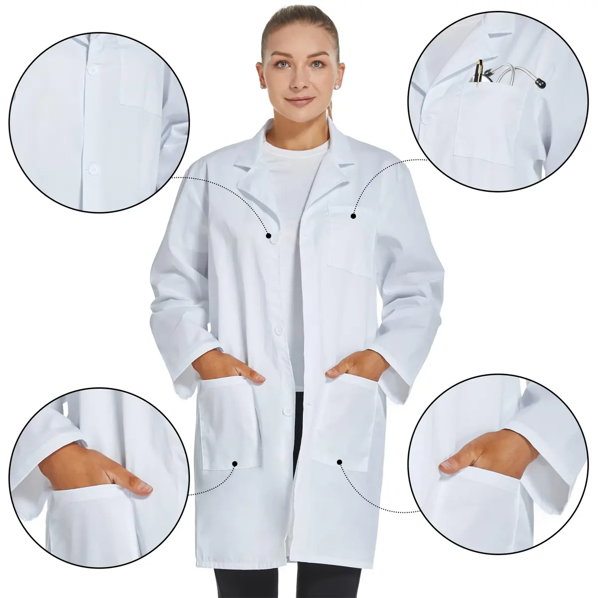 VOGRYE Womens Medical Lab Coat Three Pocket Long Sleeve Button Front White | Durable & Stylish for Medical & Science Professionals - view 4
