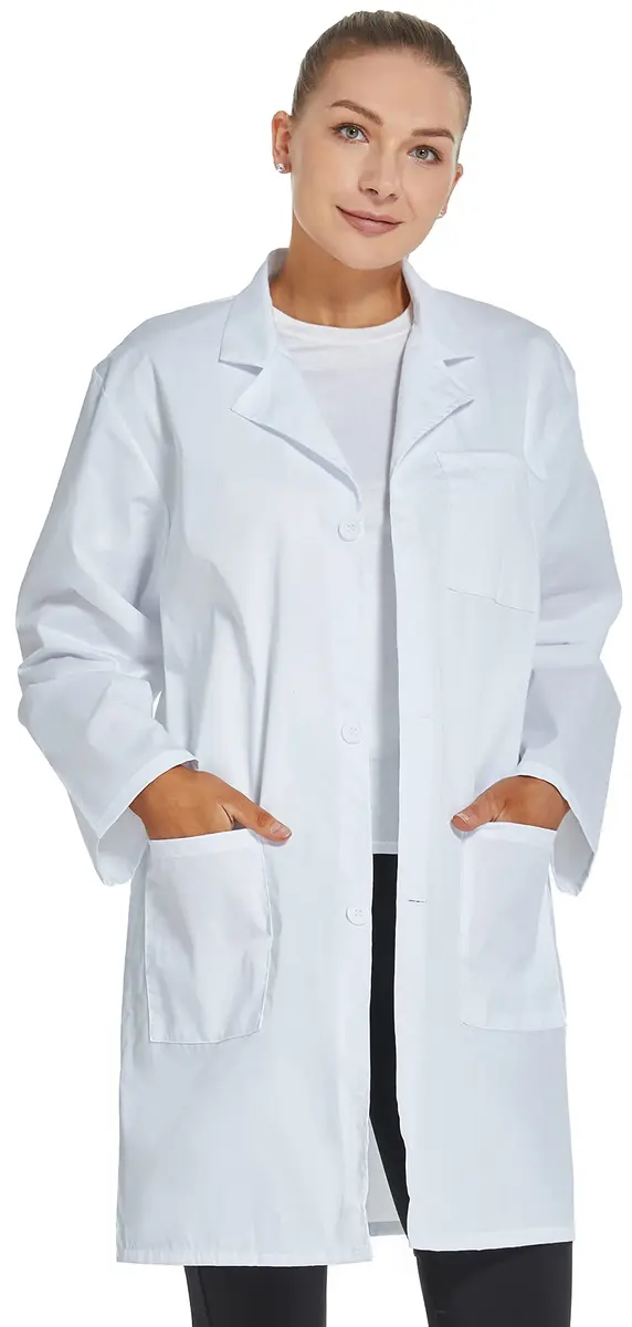VOGRYE Womens Medical Lab Coat Three Pocket Long Sleeve Button Front White | Durable, Stylish & Suitable for Medical & Scientific Use - view 2