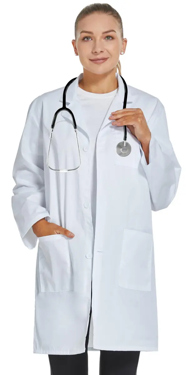 VOGRYE Womens Medical Lab Coat Three Pocket Long Sleeve Button Front White | Durable, Stylish & Suitable for Medical & Scientific Use - view 3