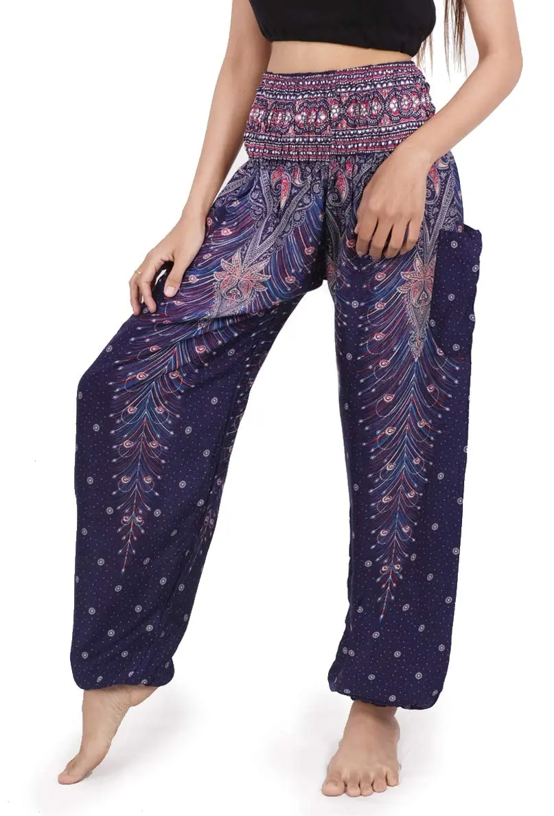 Banjamath Women's Smocked Waist Harem Hippie Boho Yoga Palazzo Casual Pants (S,Peacock Blue) | Comfortable Rayon Fit - main product image
