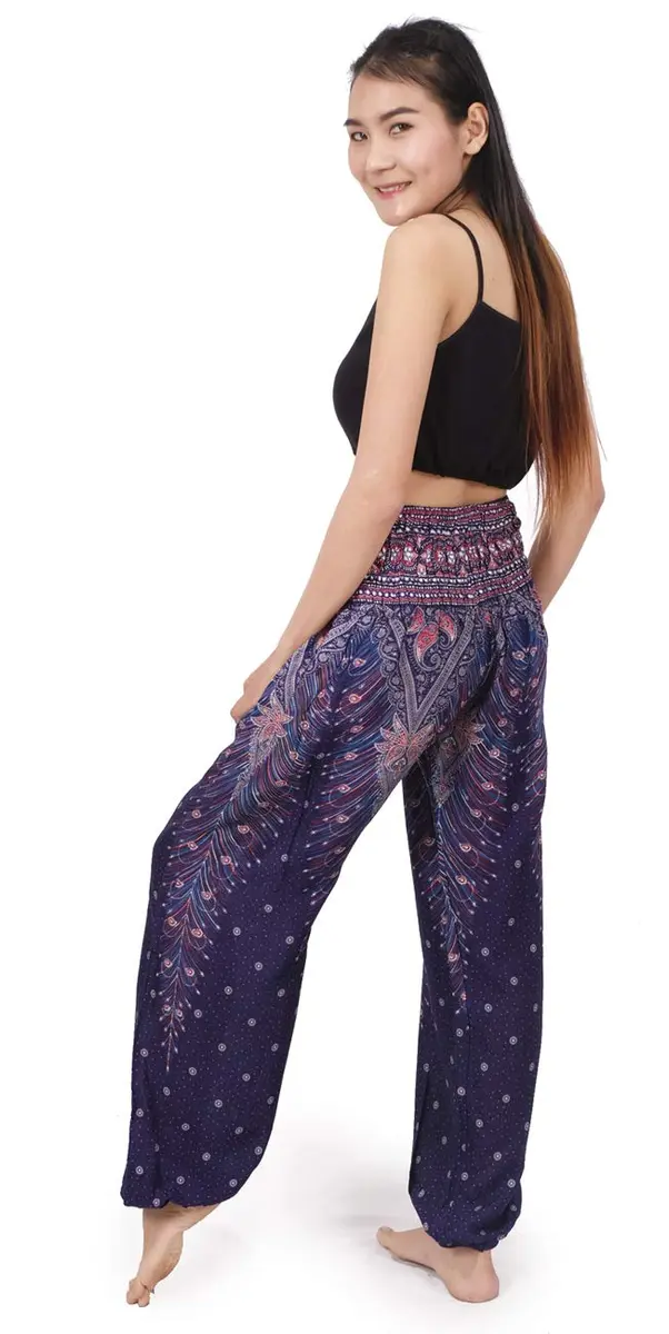 Banjamath Women's Smocked Waist Harem Hippie Boho Yoga Palazzo Casual Pants (S,Peacock Blue) | Comfortable Rayon Fit - view 4