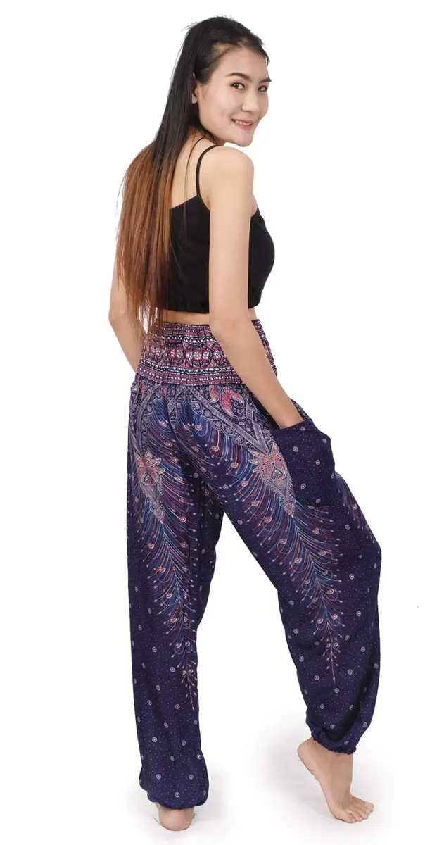 Banjamath Women's Smocked Waist Harem Hippie Boho Yoga Palazzo Casual Pants (S,Peacock Blue) | Comfortable Rayon Fit - view 5