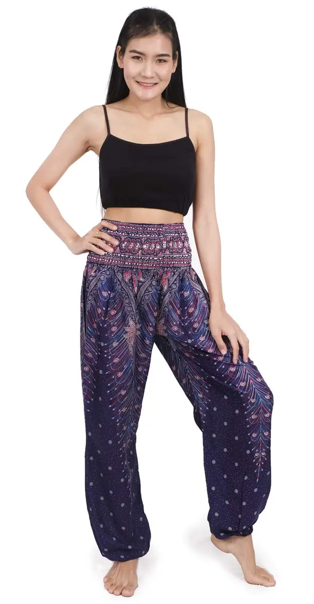 Banjamath Women's Smocked Waist Harem Hippie Boho Yoga Palazzo Casual Pants (S,Peacock Blue) | Comfortable Rayon Fit - view 2