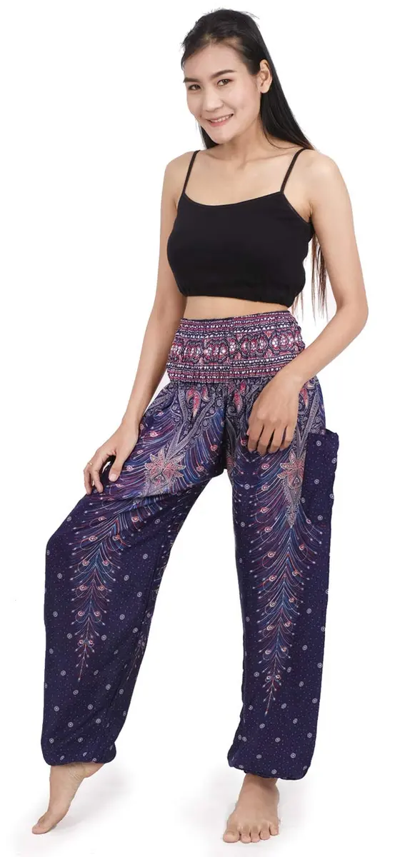 Banjamath Women's Smocked Waist Harem Hippie Boho Yoga Palazzo Casual Pants (S,Peacock Blue) | Comfortable Rayon Fit - view 3