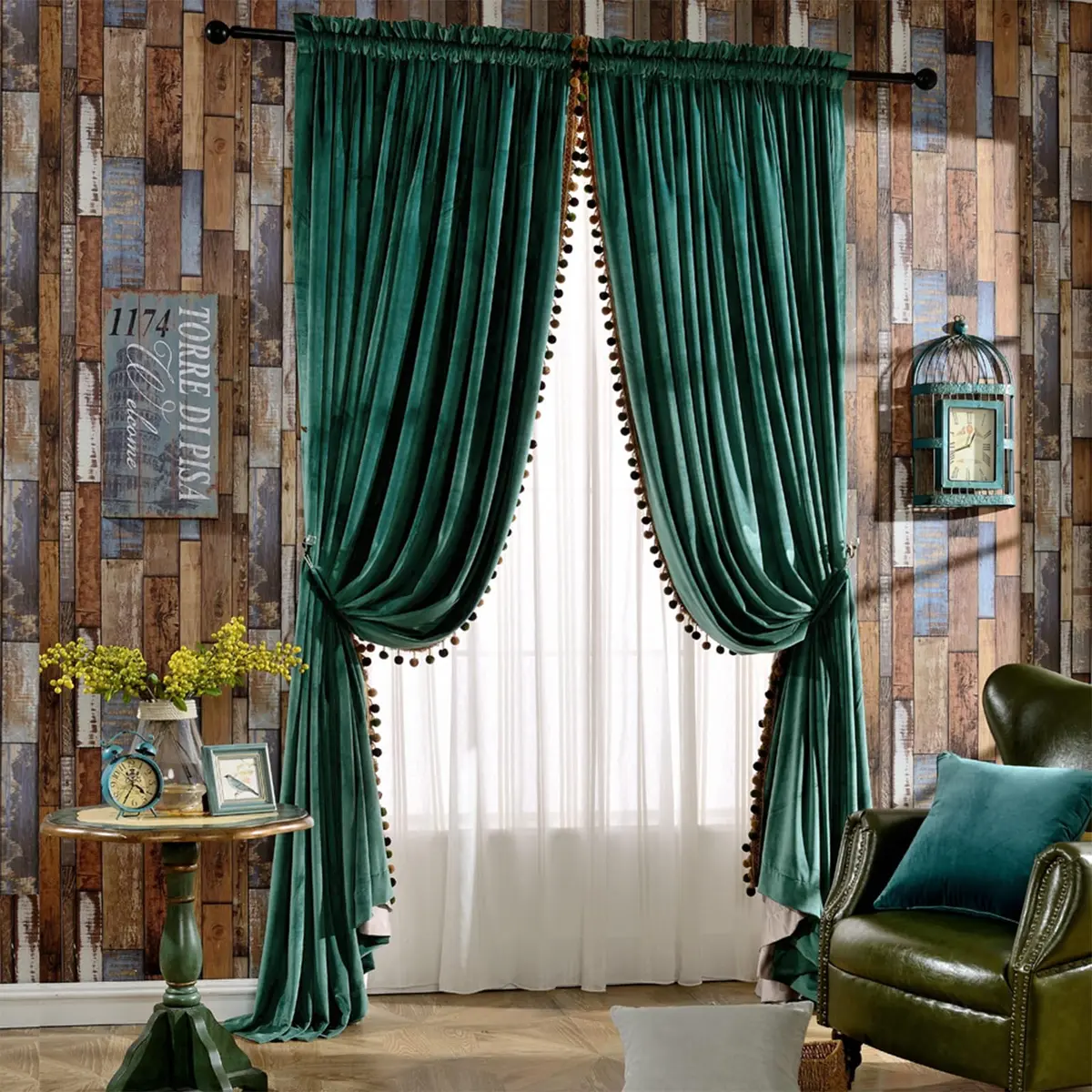 Melodieux Pom Poms Wide Velvet Curtains 100" W x 96" L | Vintage Luxury Room Darkening (120 chars) - main product image