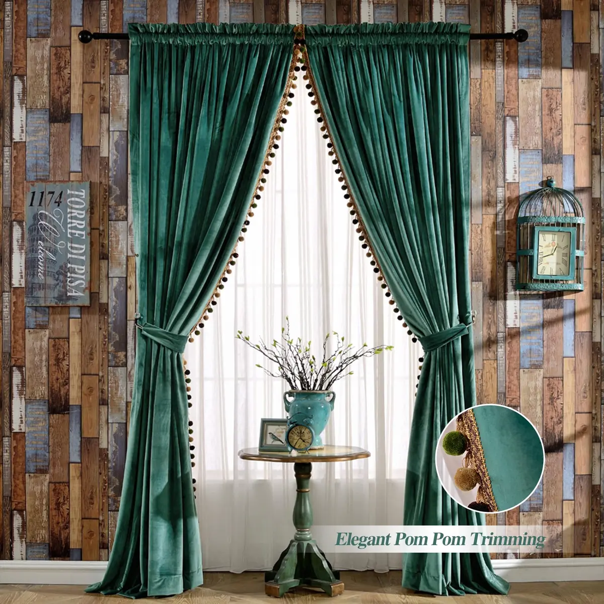 Melodieux Pom Poms Wide Velvet Curtains 100" W x 96" L | Vintage Luxury Room Darkening (120 chars) - view 2
