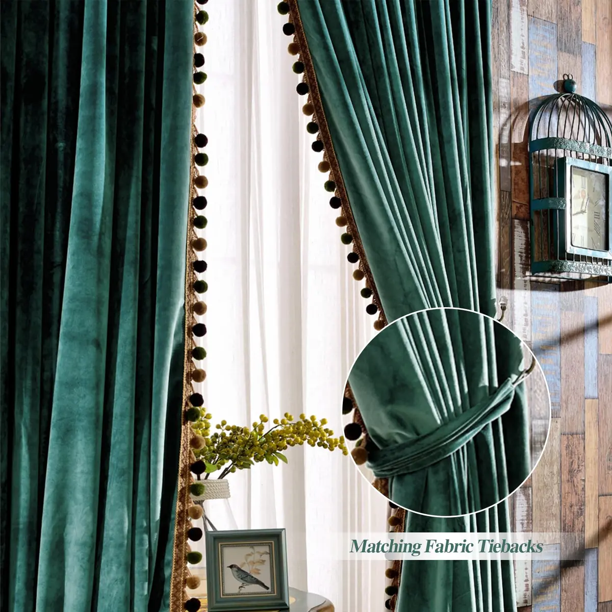 Melodieux Pom Poms Wide Velvet Curtains 100" W x 96" L | Vintage Luxury Room Darkening (120 chars) - view 3
