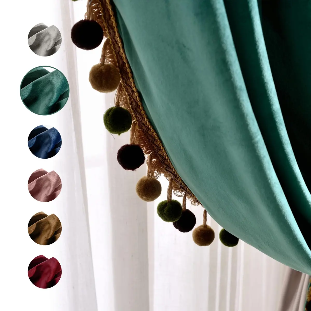 Melodieux Pom Poms Wide Velvet Curtains 100" W x 96" L | Vintage Luxury Room Darkening (120 chars) - view 4