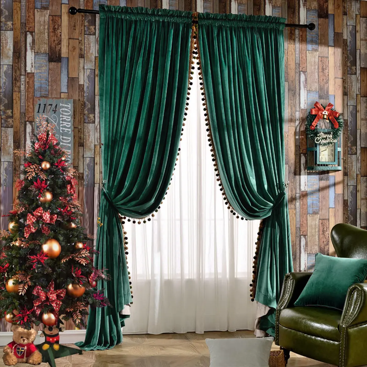 Melodieux Pom Poms Velvet Blackout Curtains 100" W x 84" L | Vintage Luxury Room Darkening (115c) - main product image