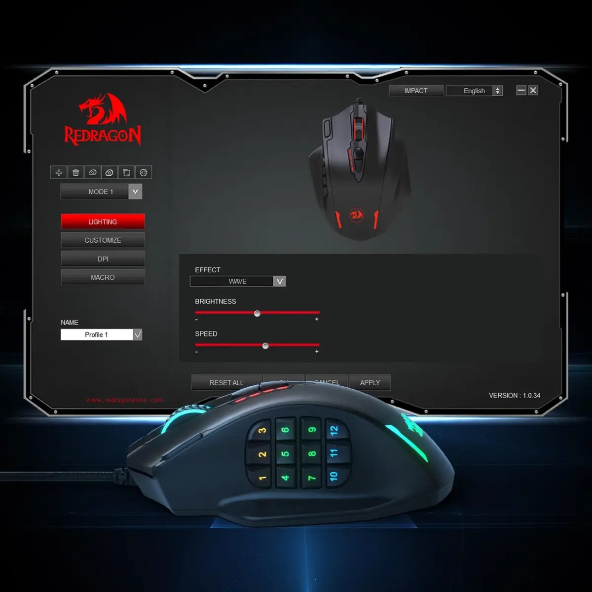 Redragon M908 Wired MMO RGB Gaming Mouse 12400 DPI 18 Programmable Buttons Black | High Precision Optical Sensor - view 8