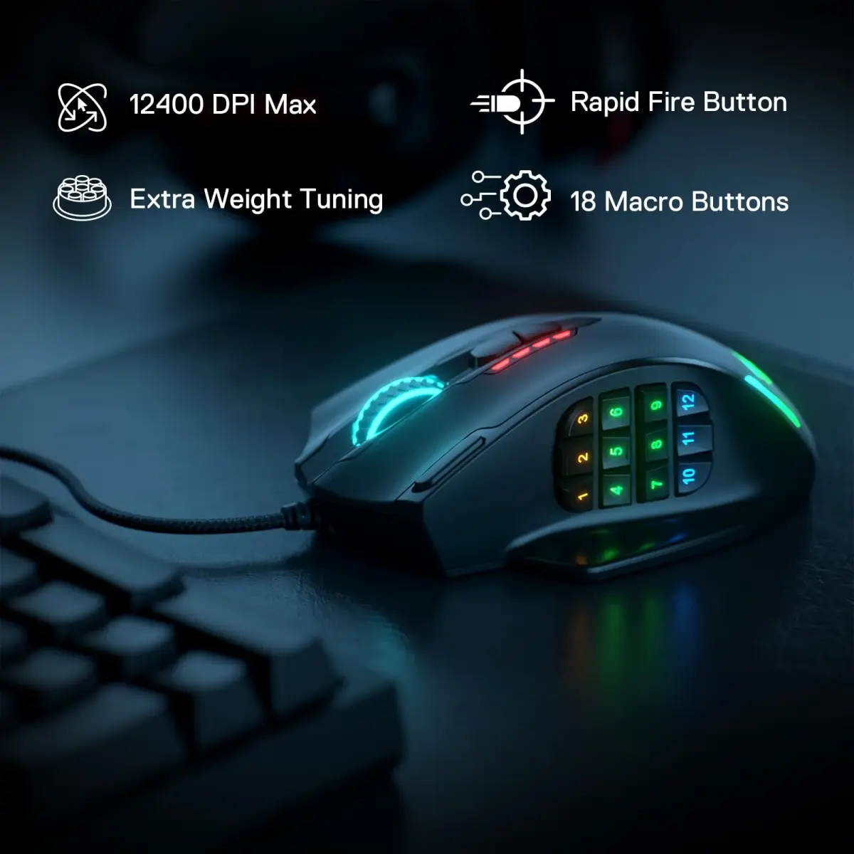 Redragon M908 Wired MMO RGB Gaming Mouse 12400 DPI 18 Programmable Buttons Black | High Precision Optical Sensor - view 2