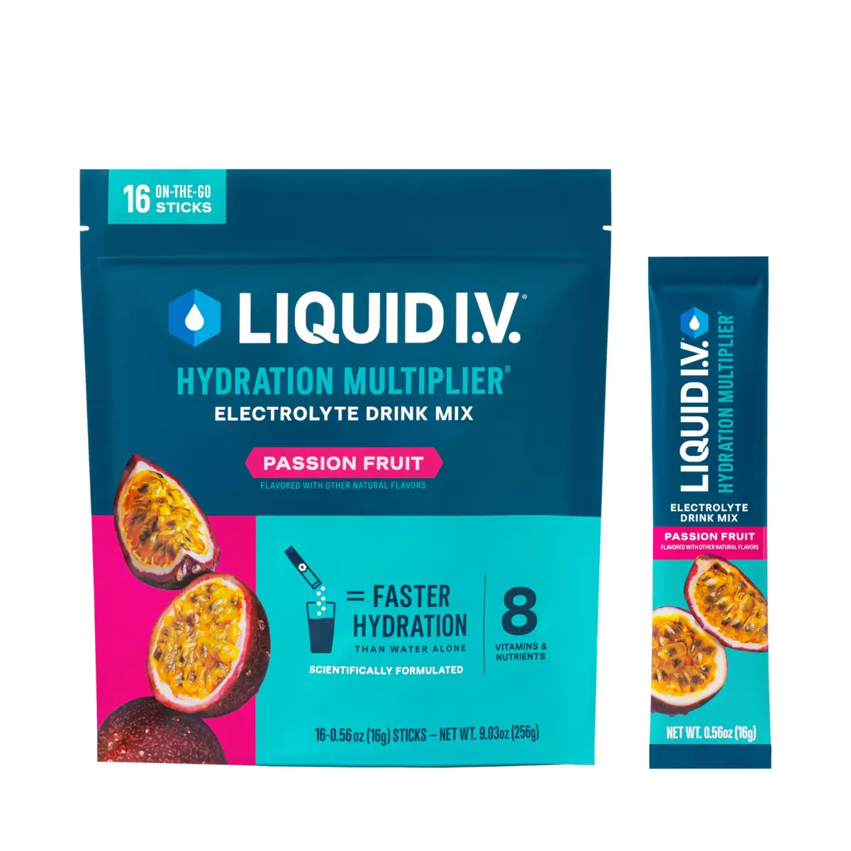 Liquid I.V. Hydration Multiplier Electrolyte Drink Mix, Passion Fruit, 16 Count (9.03 oz / 256 g) | Clinically Tested Hydration - main product image
