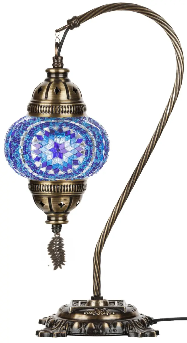 DEMMEX Turkish Moroccan Mosaic Table Lamp – Handcrafted Tiffany-Style Glass Swan Neck Bedside, Desk, Table Light, Boho Artisan Accent Lighting for Bedroom or Living Room – 15" H, Blue - view 6