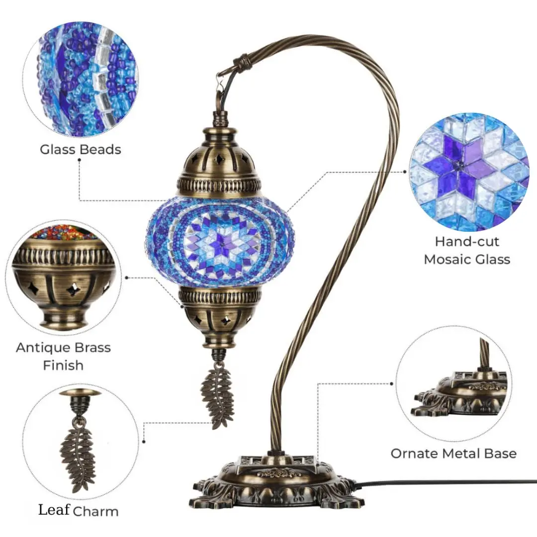 DEMMEX Turkish Moroccan Mosaic Table Lamp – Handcrafted Tiffany-Style Glass Swan Neck Bedside, Desk, Table Light, Boho Artisan Accent Lighting for Bedroom or Living Room – 15" H, Blue - view 3
