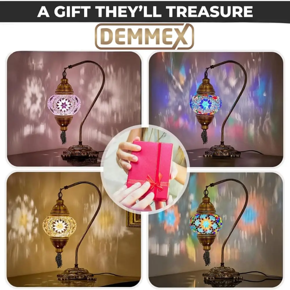 DEMMEX Turkish Moroccan Mosaic Table Lamp – Handcrafted Tiffany-Style Glass Swan Neck Bedside, Desk, Table Light, Boho Artisan Accent Lighting for Bedroom or Living Room – 15" H, Blue - view 4