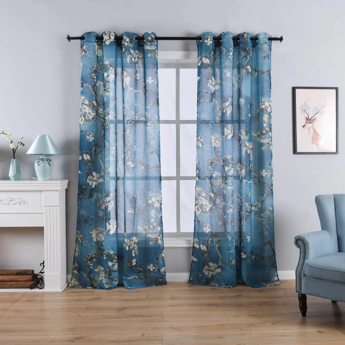 Taisier Home Chinese Style Plum Blossom Sheer Curtain 95 Inches | Artistic Print for Living Room - main product image