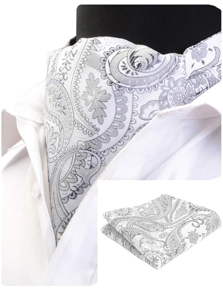 GUSLESON Men's Silver Ascot Paisley Floral Necktie & Pocket Square Set | Jacquard Woven Silk & Microfiber (126cm) - main product image