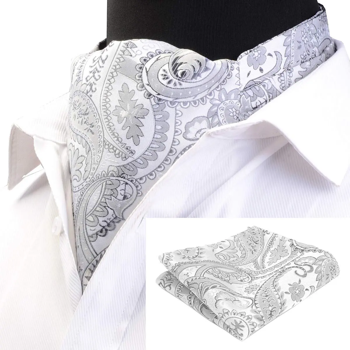 GUSLESON Men's Silver Ascot Paisley Floral Necktie & Pocket Square Set | Jacquard Woven Silk & Microfiber (126cm) - view 2