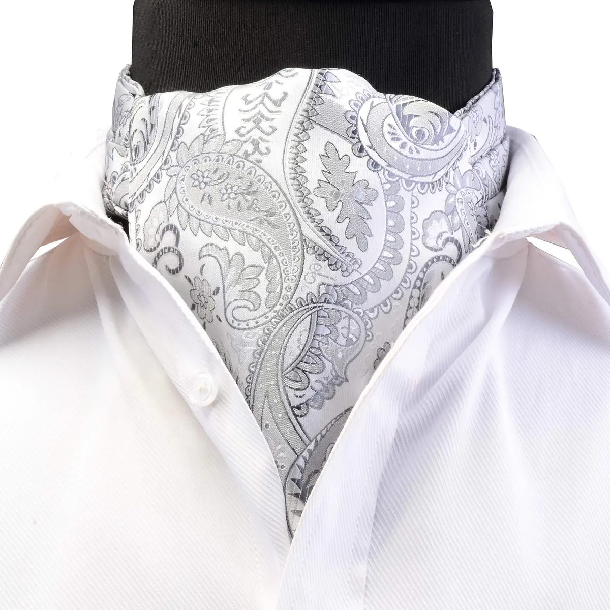 GUSLESON Men's Silver Ascot Paisley Floral Necktie & Pocket Square Set | Jacquard Woven Silk & Microfiber (126cm) - view 3
